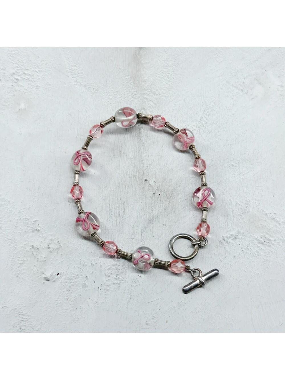 4787u. Preloved Pink Glass Breast Cancer Ribbon Bracelet